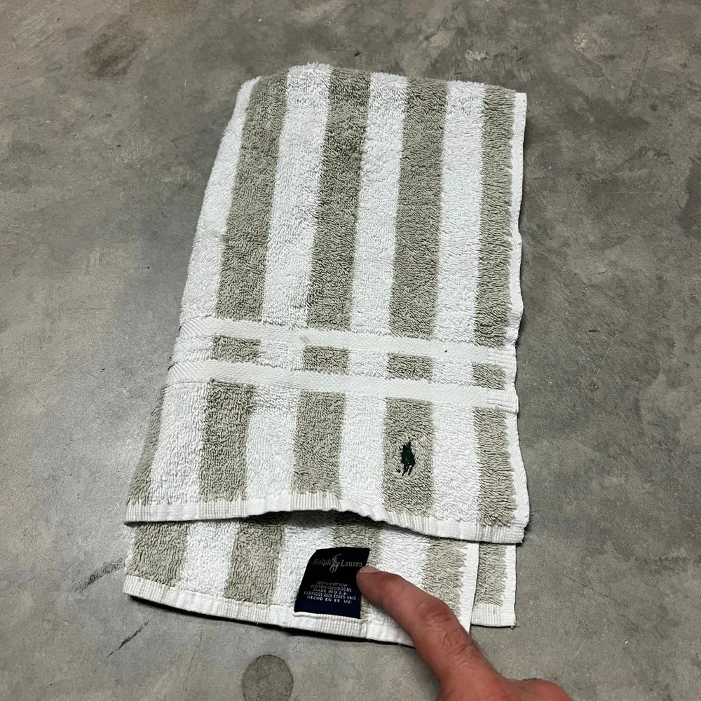 Vintage Ralph Lauren Hand Towel Striped Cotton Sage Green White Made in USA Pony